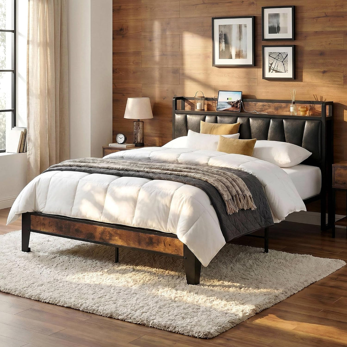 Angled bedroom scene showing bed with black padded headboard, wood trim shelf and white bedding on a shag rug.