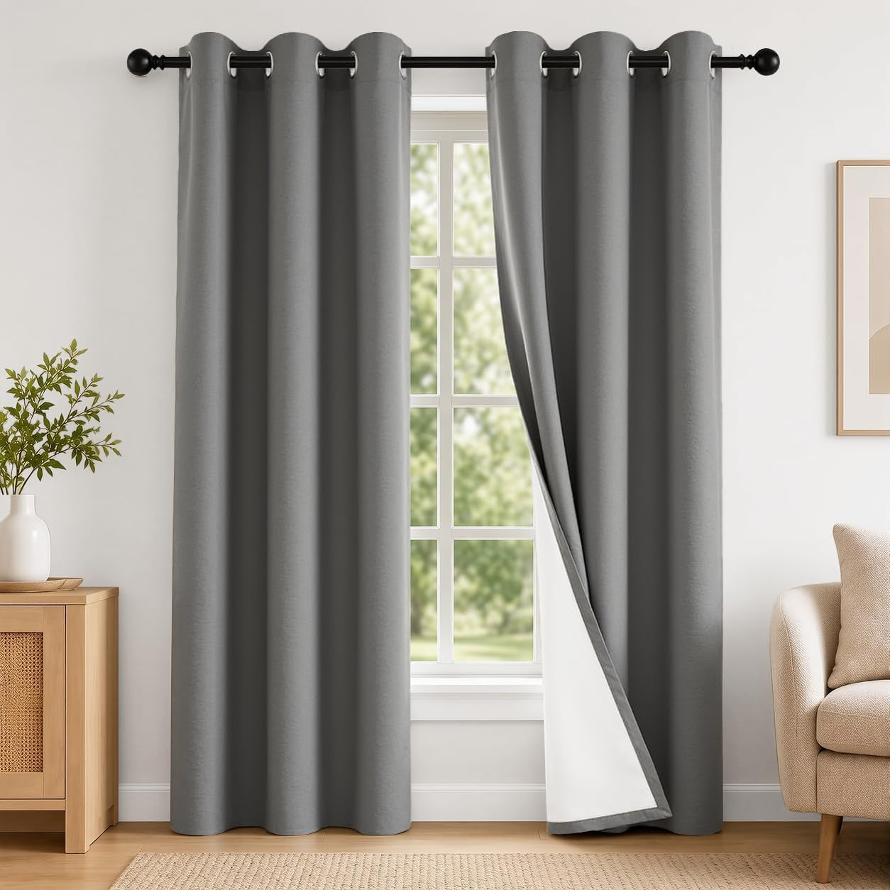 2 Panels 100% Blackout Curtains, Midweight Grommet Drapes | Thermal Insulated Drapes With White Backing, gallery view 95