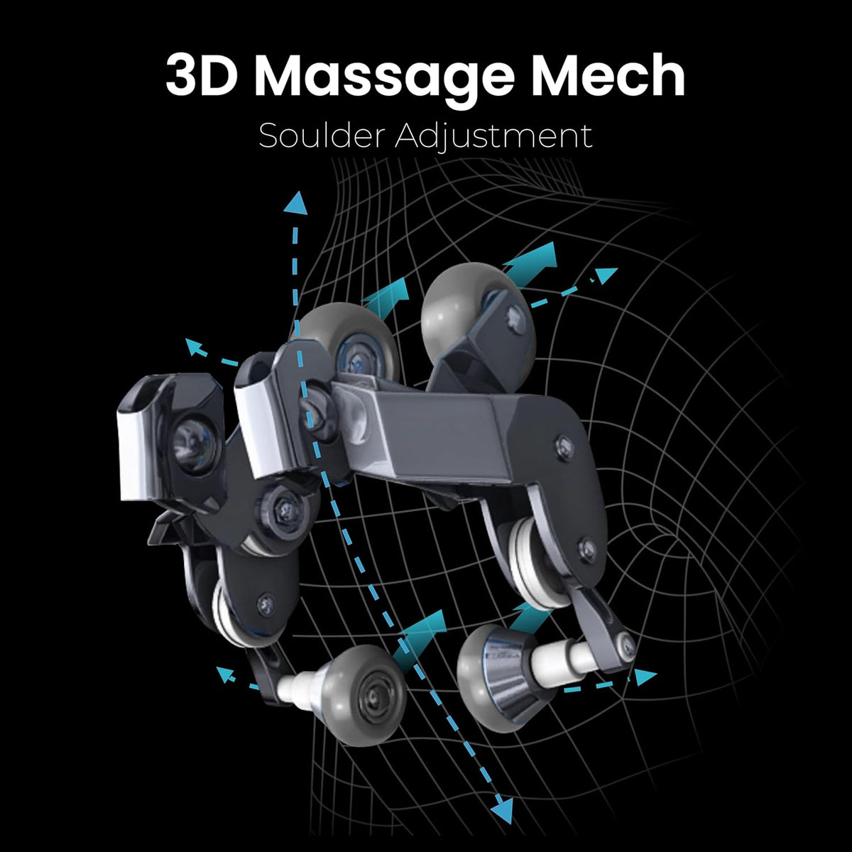 Close-up render of the chair's 3D massage mechanism showing rollers, pivots and massage nodes