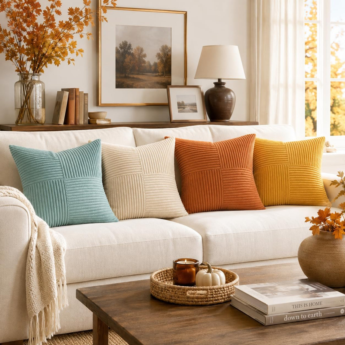 Four textured square pillows in teal, cream, rust and mustard lined across a cream sofa in a cozy living room.