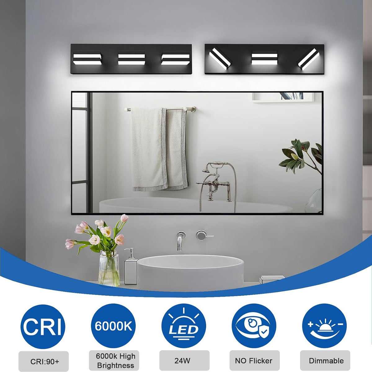 Wide view of a rectangular mirror with two black LED vanity lights mounted above and a sink with flowers below.