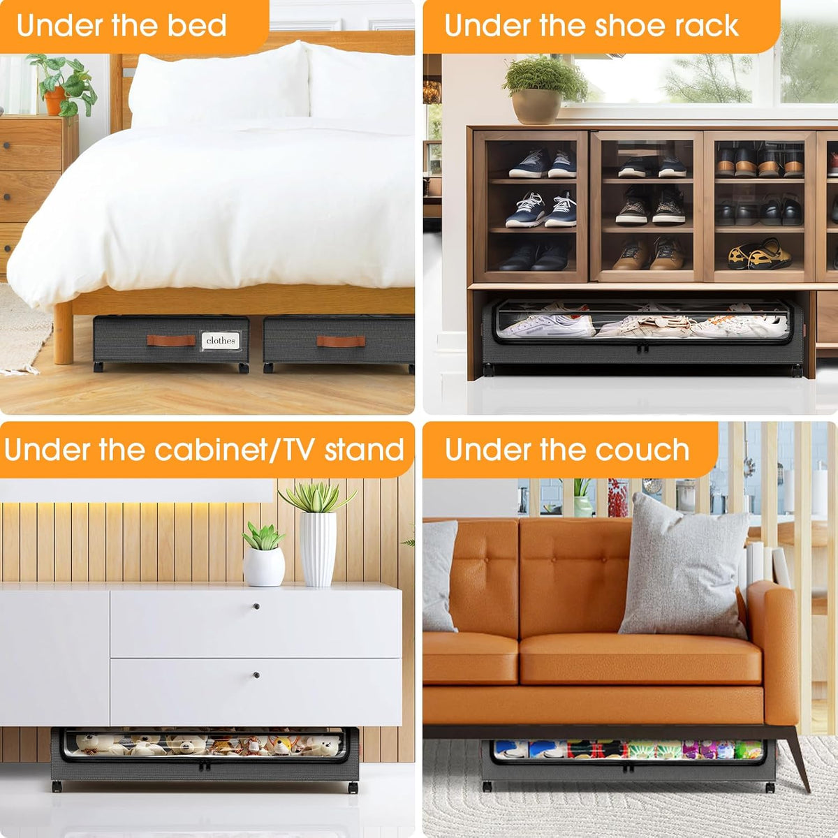 Four-scene collage showing a dark gray underbed box placed under a wooden bed, a shoe cabinet, a white TV cabinet, and an