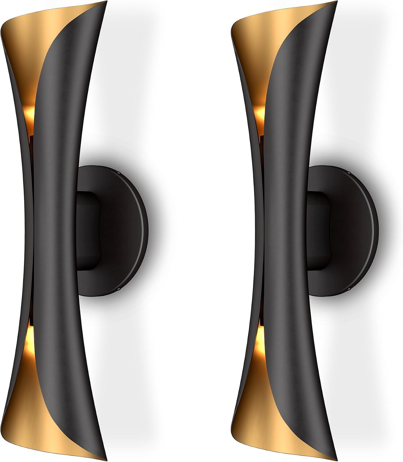 Front view of two black wall sconces with gold inner shade mounted side by side.