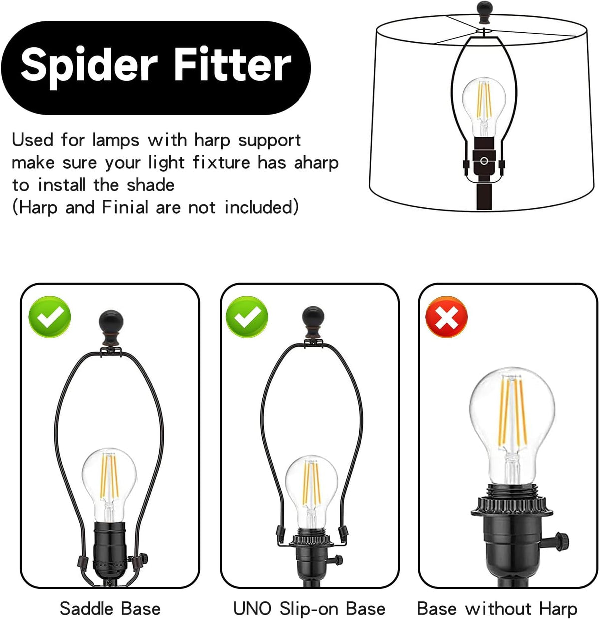 Illustration of a spider fitter with examples of harp-compatible lamp bases and a base without harp marked not compatible
