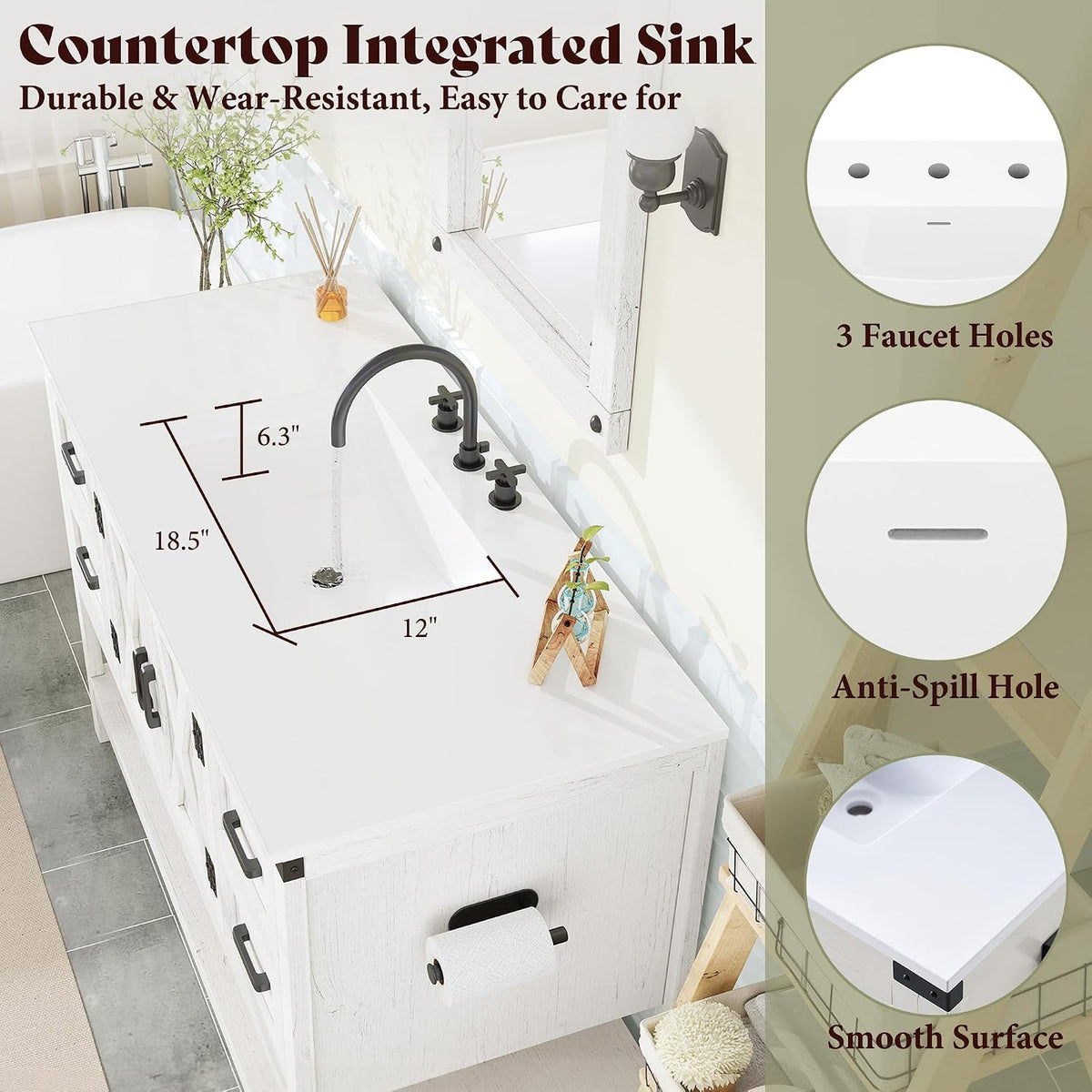 Angled top view of white integrated acrylic sink showing basin and smooth flow-stone surface