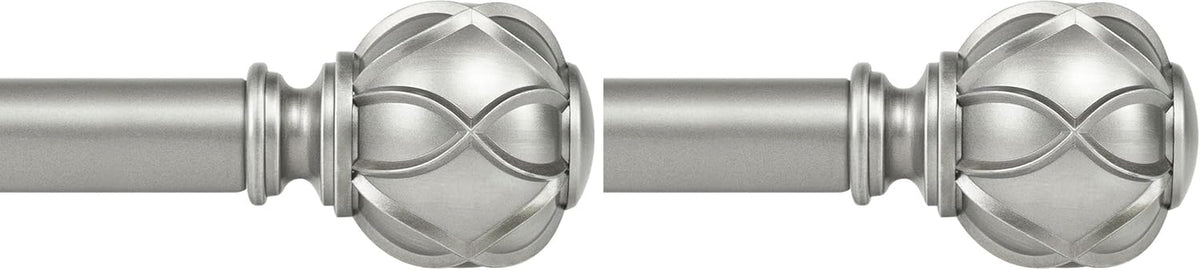 Two silver curtain rods displayed side by side with decorative round finials