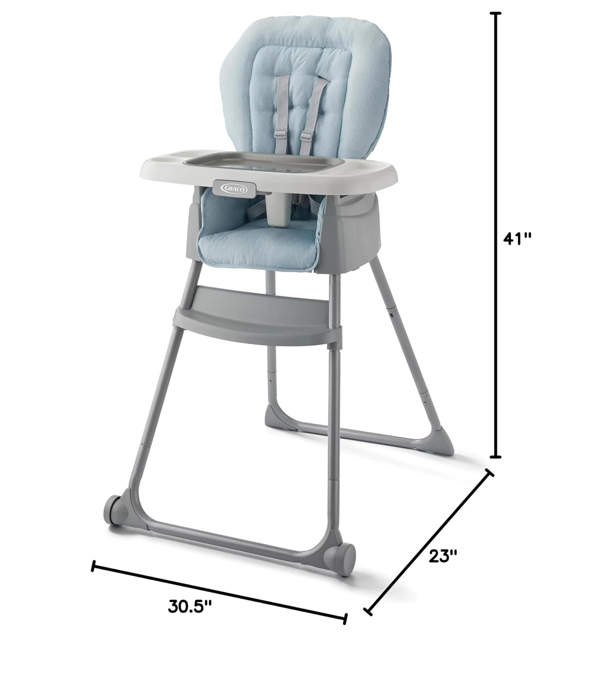 Front three-quarter view of a light blue padded convertible highchair on gray legs with tray and dimension lines.