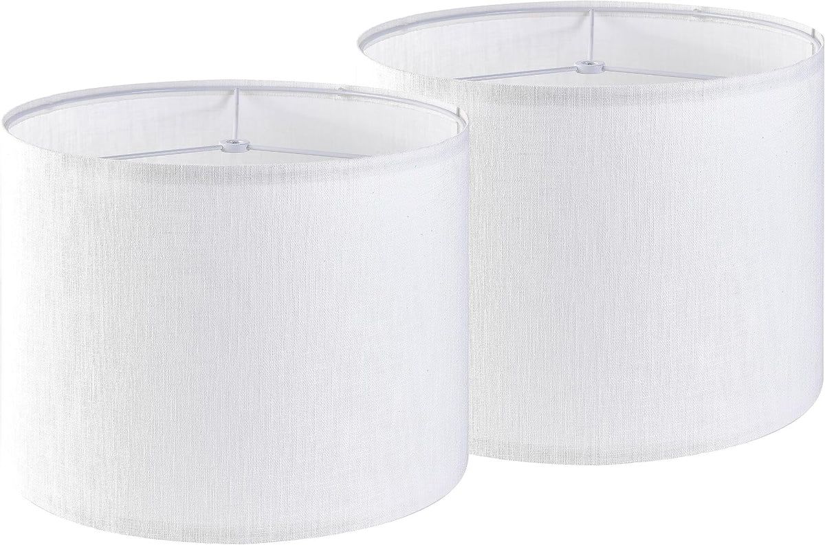 Pair of white linen drum lamp shades shown side by side on a plain white background, front-facing view.