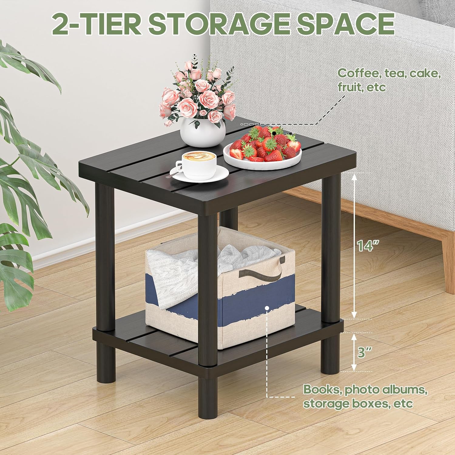 Black bamboo side table beside a sofa with a storage box on lower shelf in a bright indoor scene