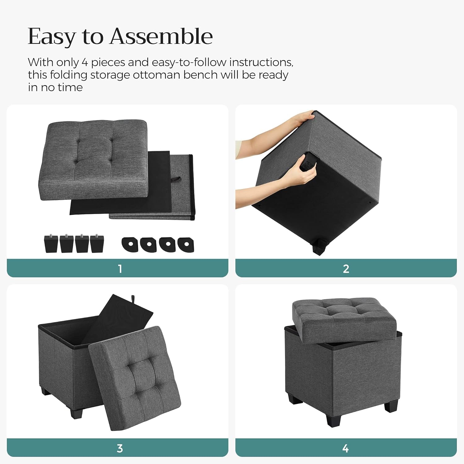 Four-panel image showing ottoman parts laid out and step-by-step assembly photos with hands attaching feet.