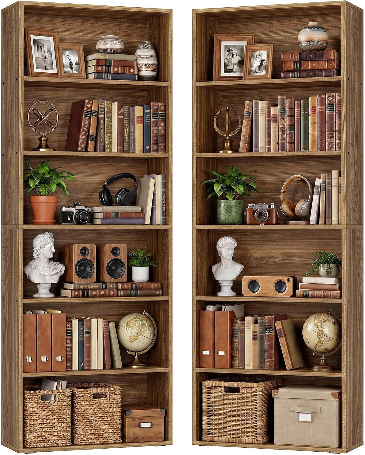 Two oak brown 6-tier bookcases side-by-side filled with books and decorative items, front view