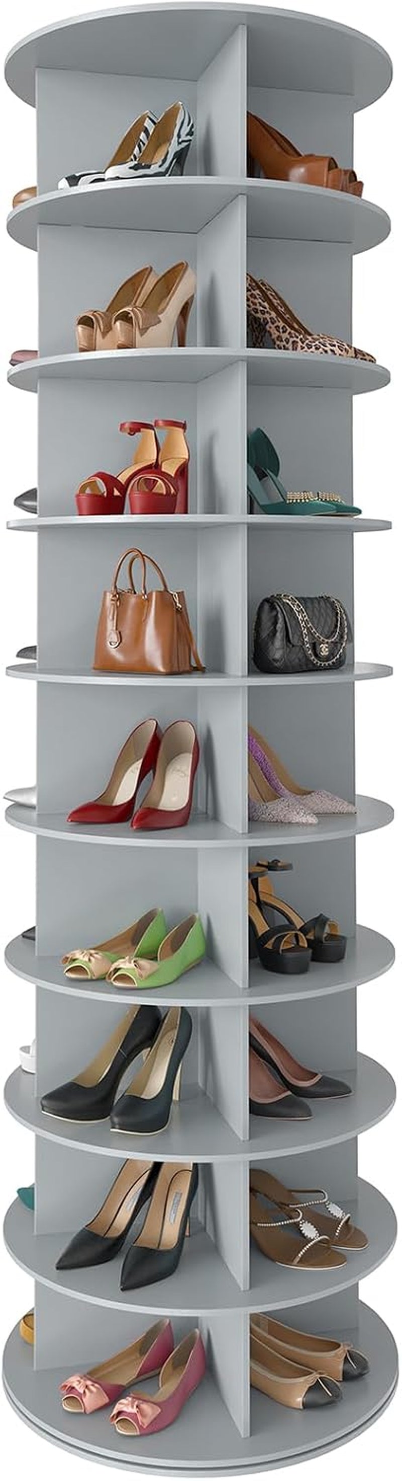 Tall, straight-on full-height view of the 7-tier rotating tower showing every shelf filled with shoes and bags.