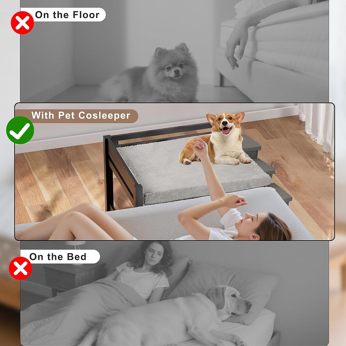 Comparison graphic showing a pet on the bedside co-sleeper next to a bed versus on the floor or on the mattress