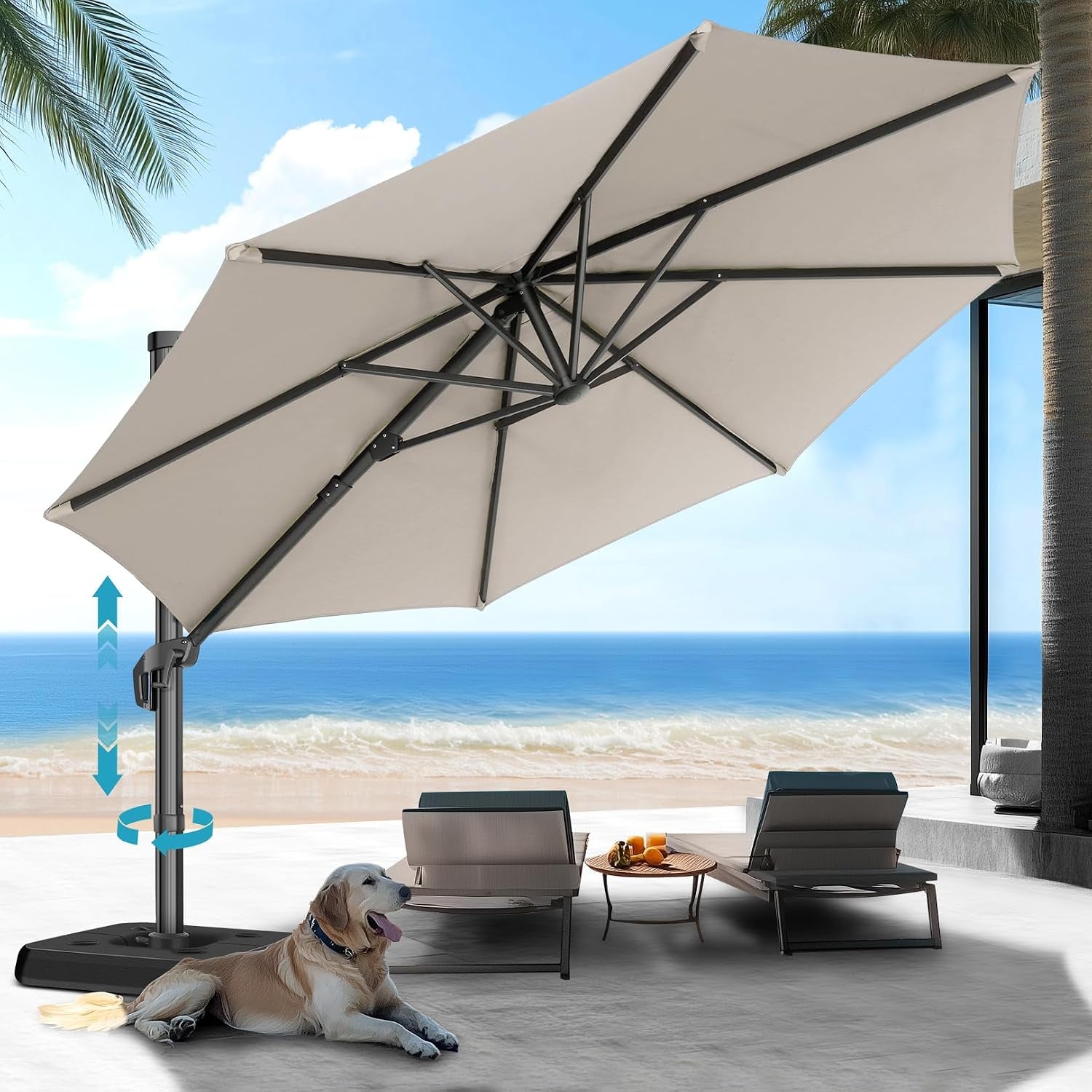 Outdoor beachside patio with a tilted cantilever umbrella over lounge chairs and a dog resting in the foreground.