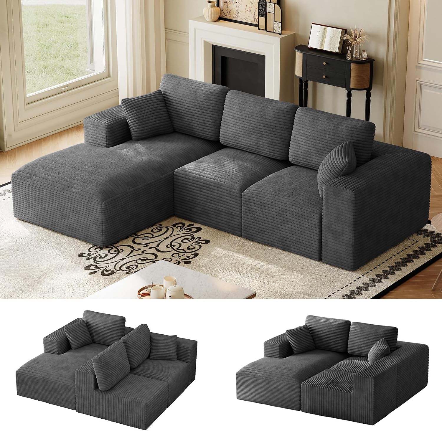 Dark gray L-shaped sectional with chaise shown in a sunlit room and small configuration renderings below.
