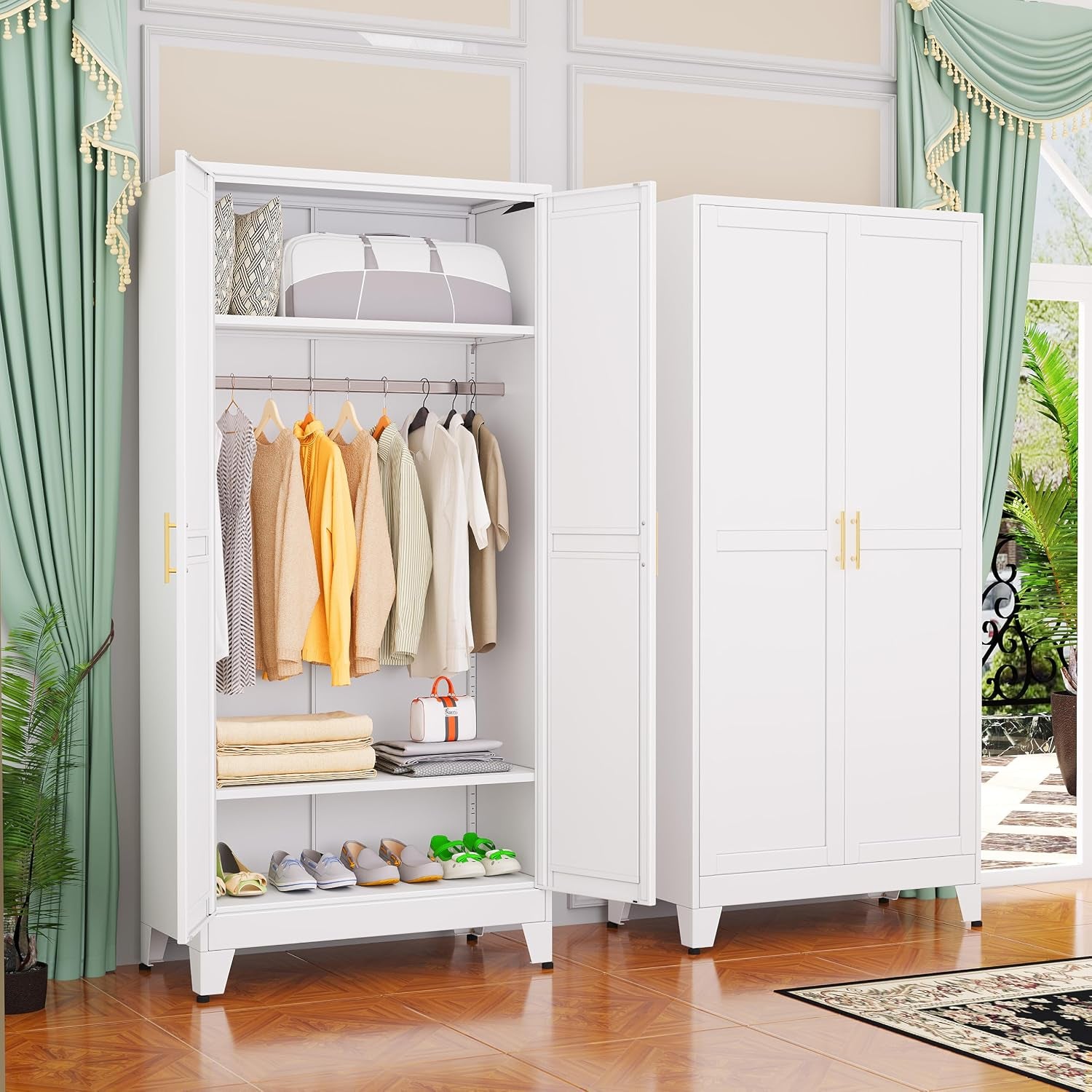 Two white wardrobes; left cabinet open displaying hanging clothes, two adjustable shelves and shoes on the bottom shelf