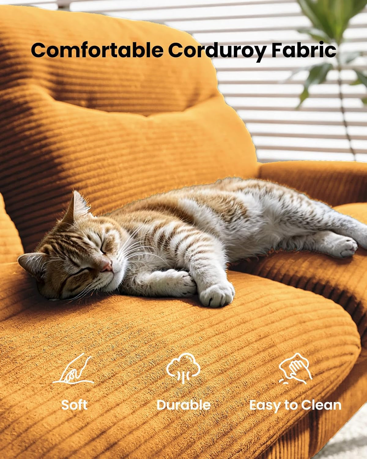 Close-up of a mustard-orange corduroy cushion with a sleeping tabby cat curled on it.