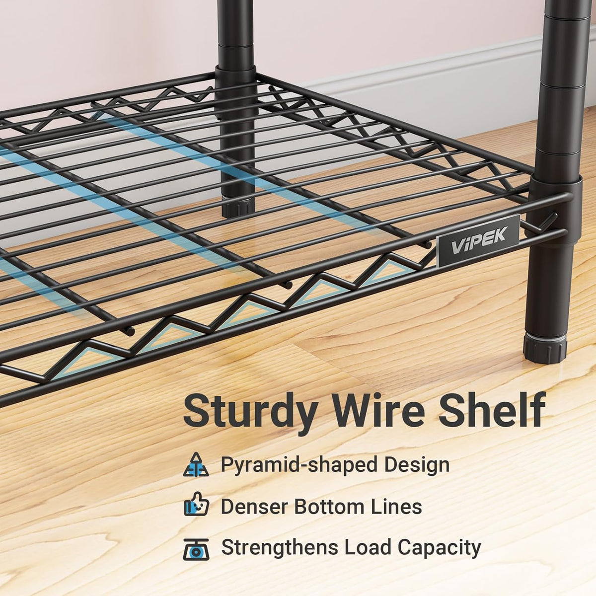 Close-up of a black wire shelf and upright post showing stamped connector and small brand plate on the front.