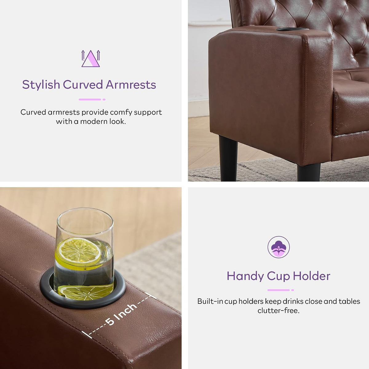 Close-up of armrest cup holder built into the brown tufted chair arm
