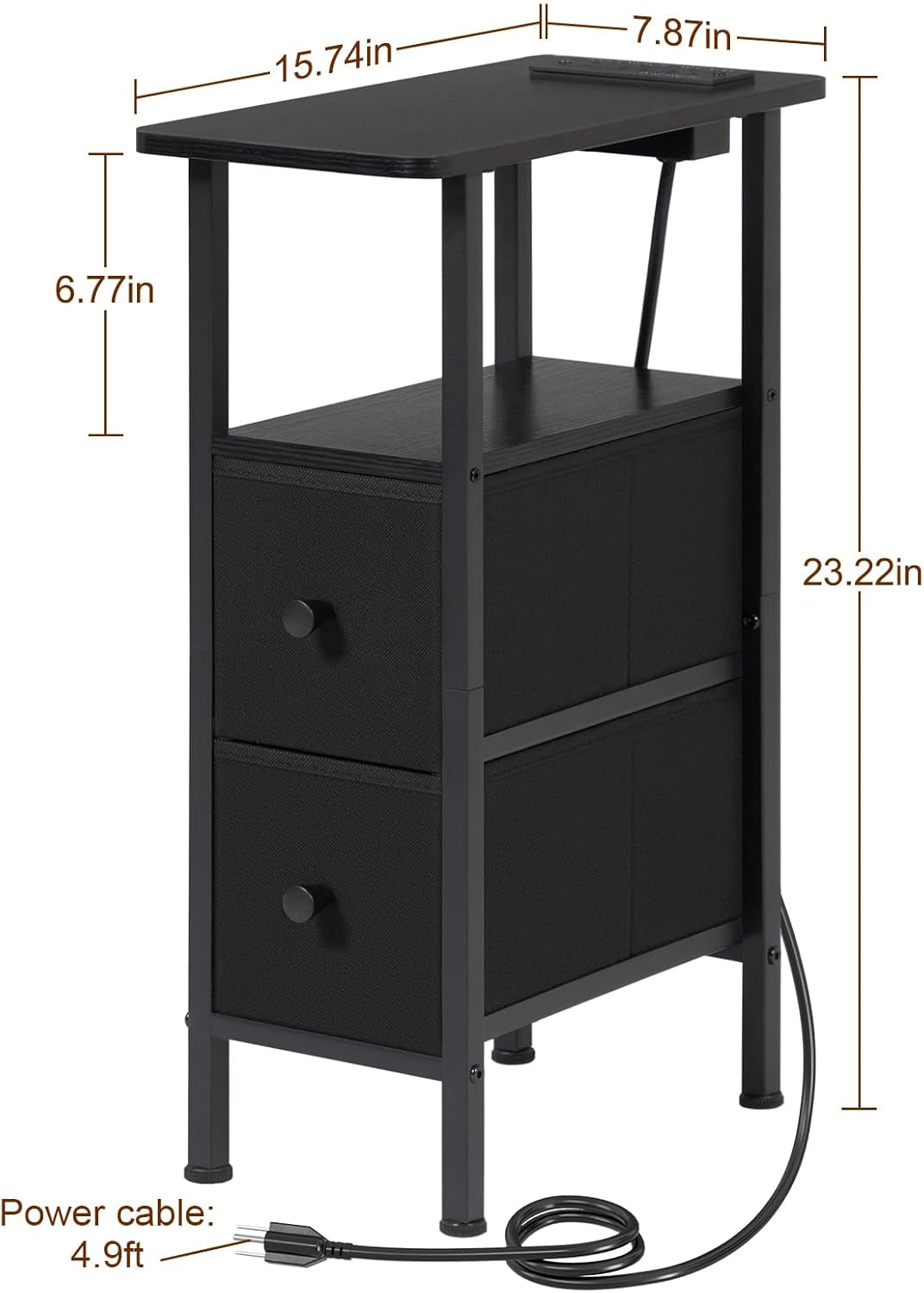 Slim black end table with dimension overlay showing narrow top and a coiled power cable on a white background