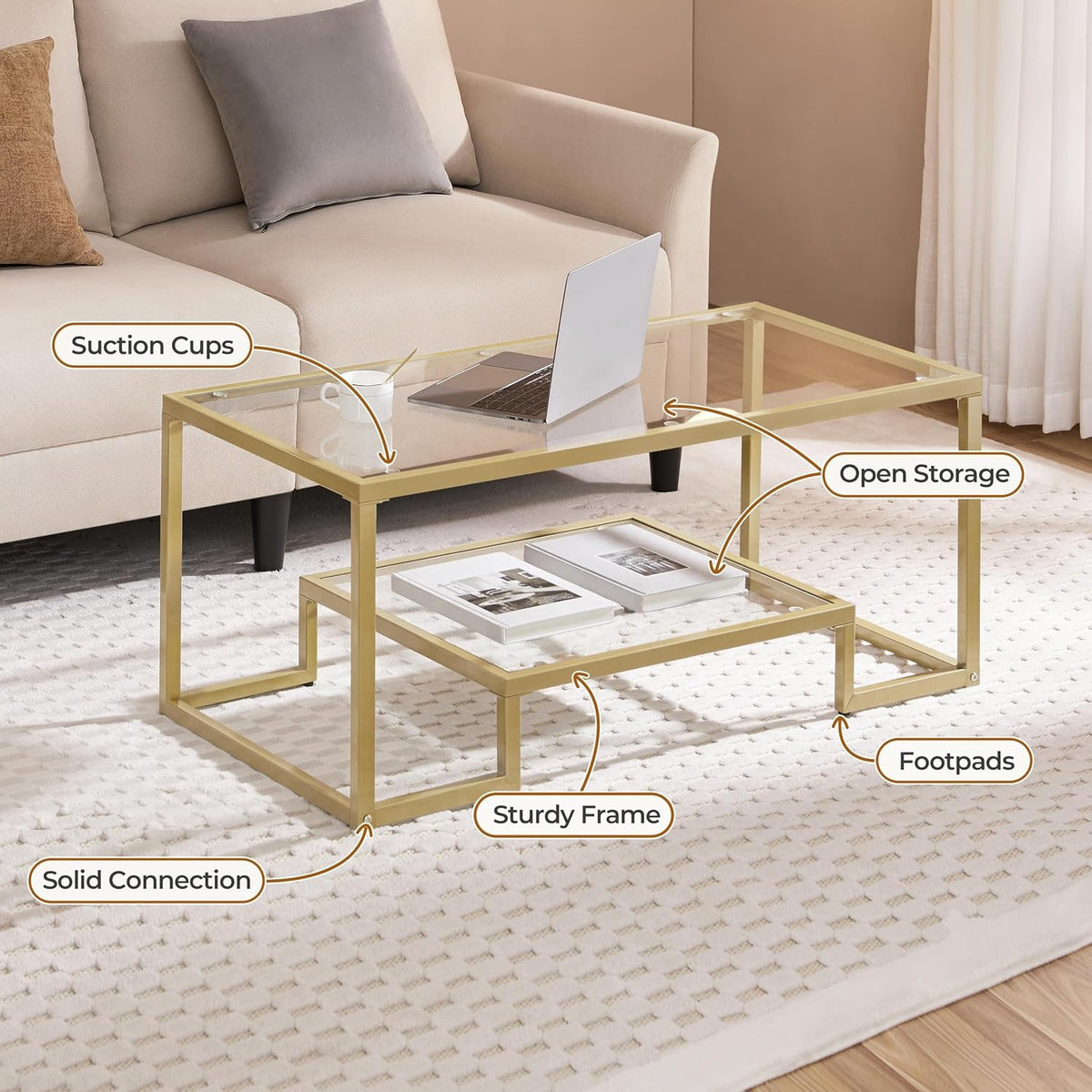 Close-up angled view showing suction-cup tempered glass top, lower glass shelf, and footpads on rug