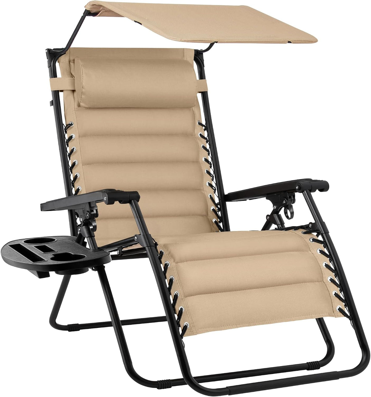 Front view of tan recliner with canopy, padded lumbar sections, laced sides and detachable cup tray