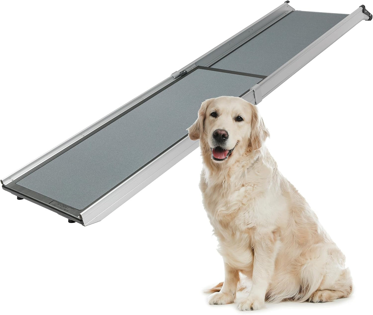 Diagonal top-down view of the extended ramp with textured surface and a smiling golden retriever beside it.