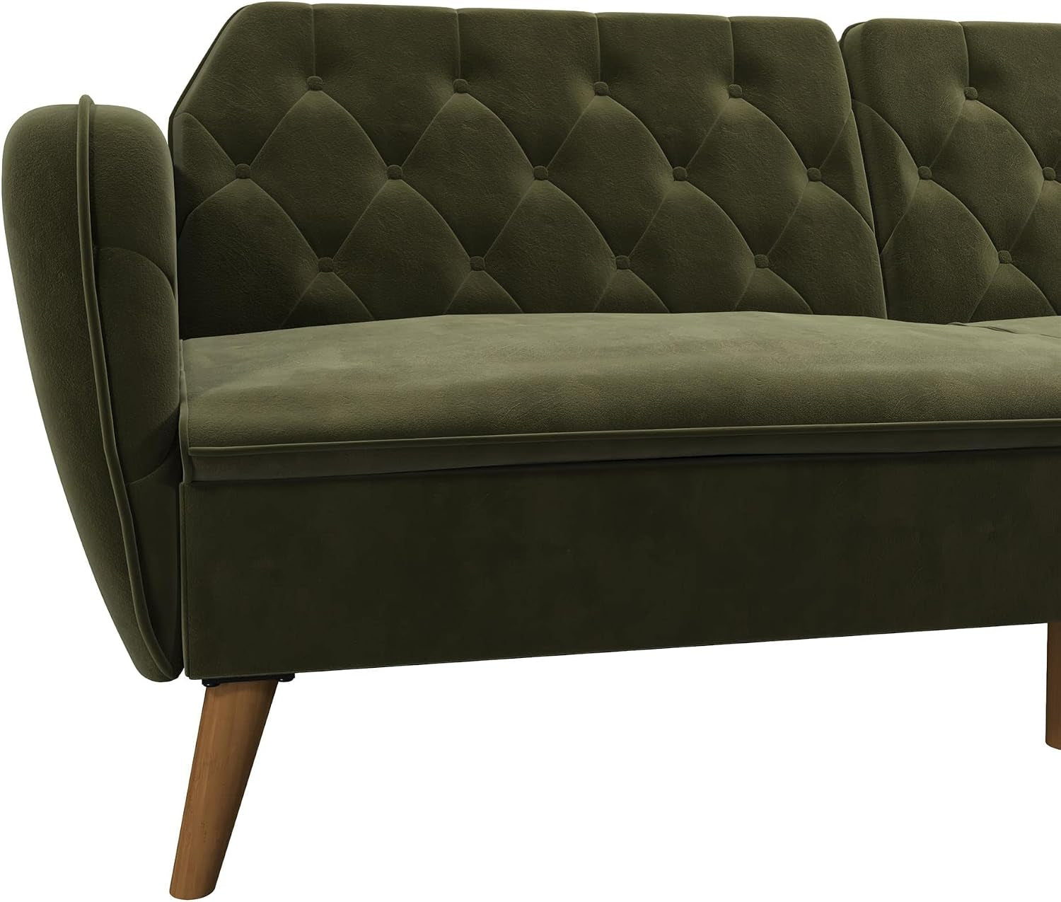 Close-up of the left seat and tufted back cushion in green velvet with piped edge and wood leg