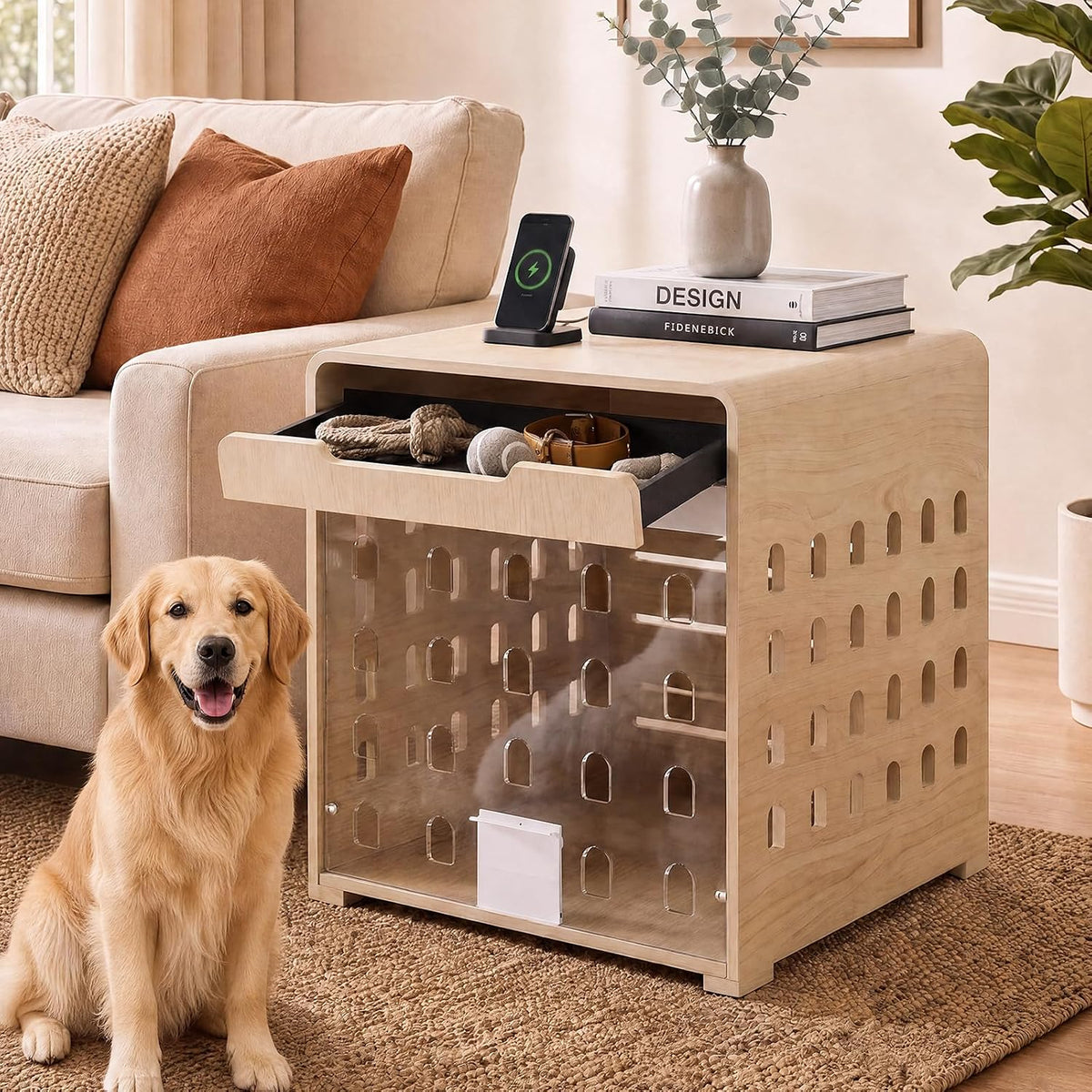 Front view of a natural oak dog crate end table with clear front panel and a golden retriever sitting beside it.
