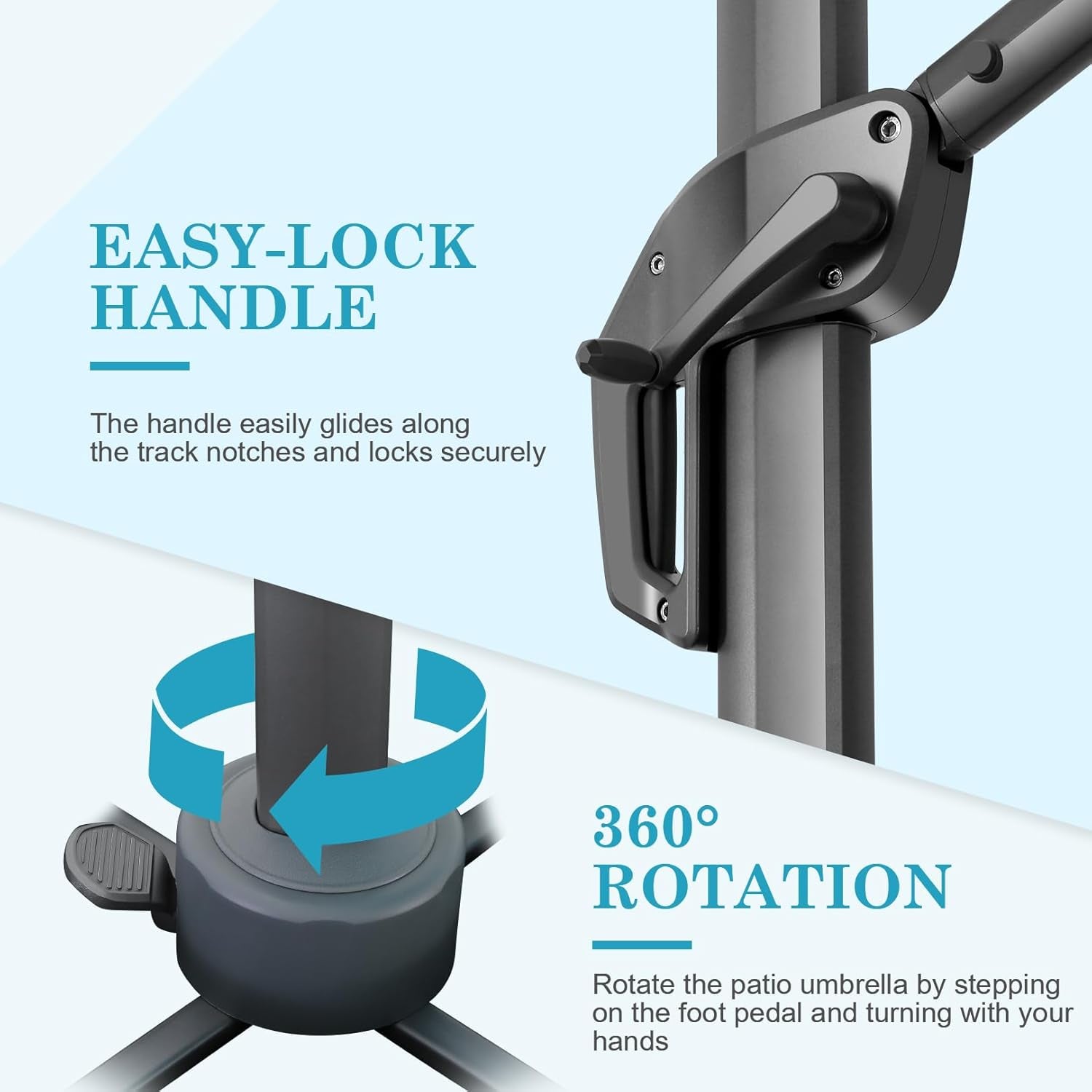 Close-up of the umbrella's easy-lock handle on the pole and the foot pedal base with rotation arrow graphic.