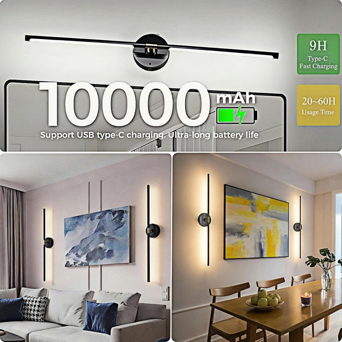 Graphic emphasis on detachable 10000mAh battery with example installations of the vertical wall sconces.