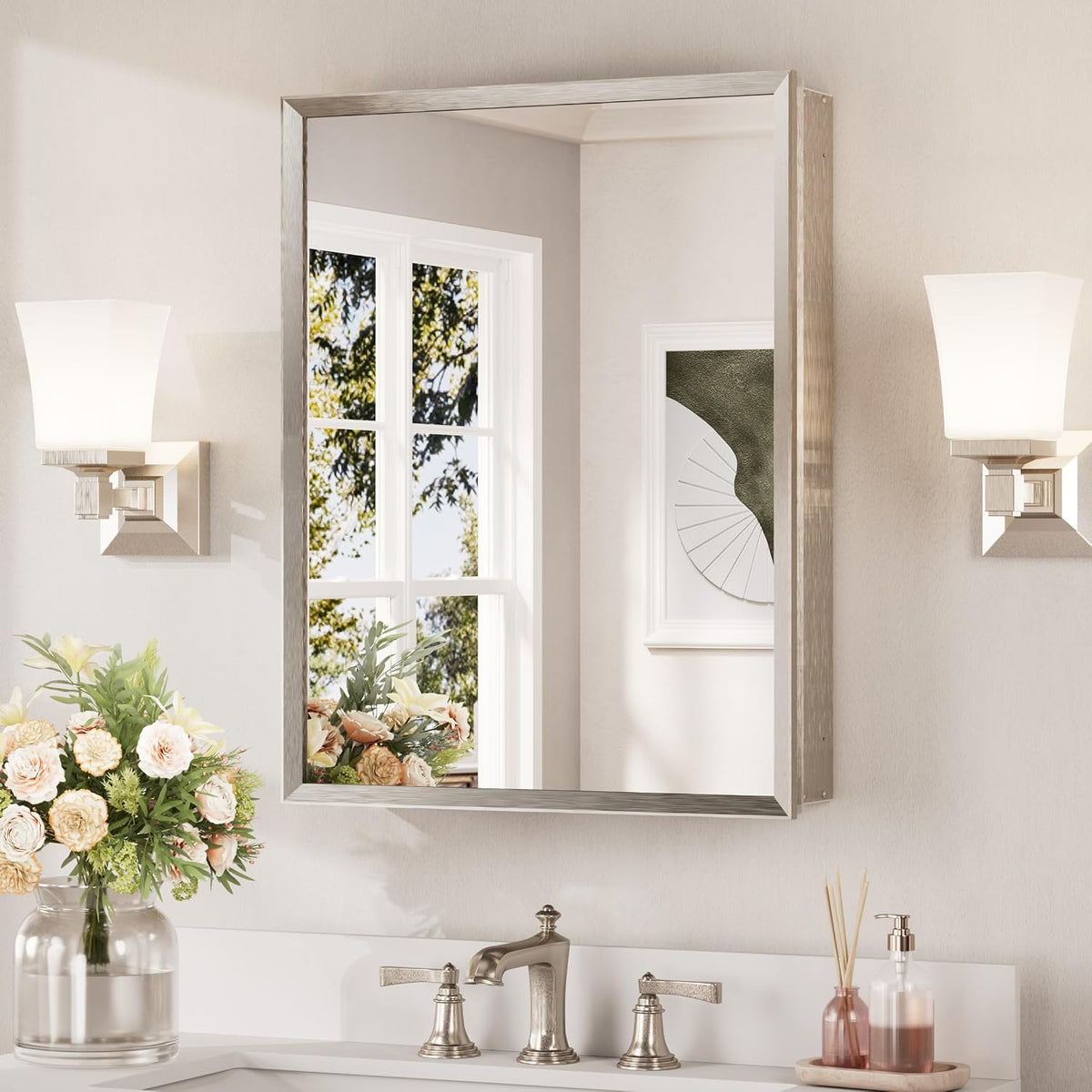 Single-door mirrored medicine cabinet with brushed nickel finish mounted between two wall lights.