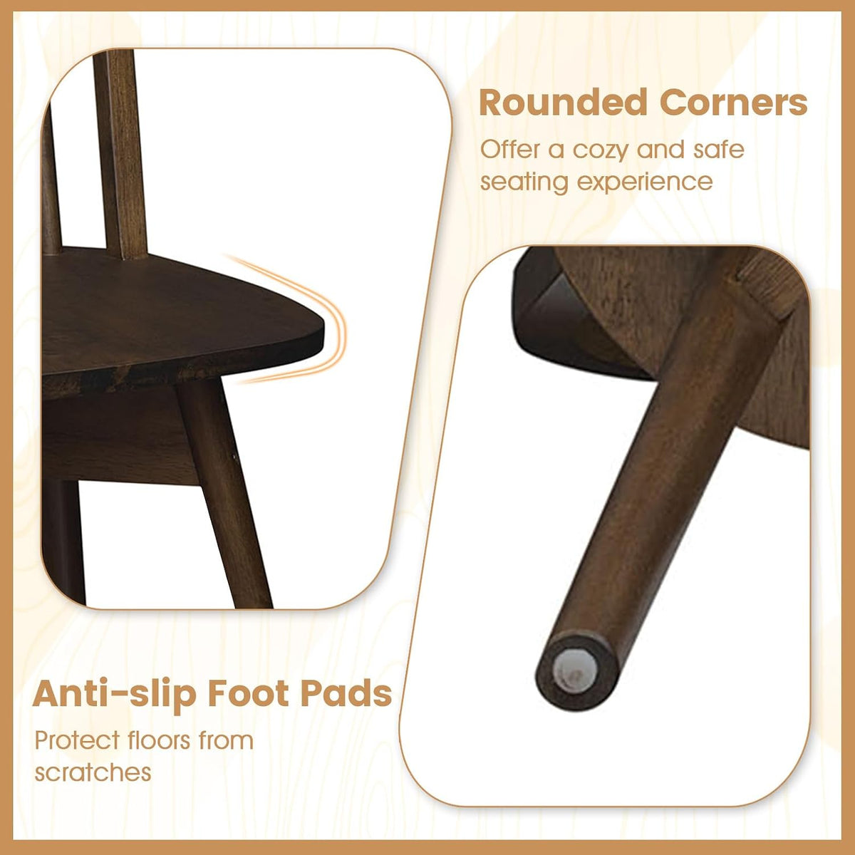 Two close detail panels: rounded corner of the chair seat and a tapered leg end with an anti-slip foot pad.