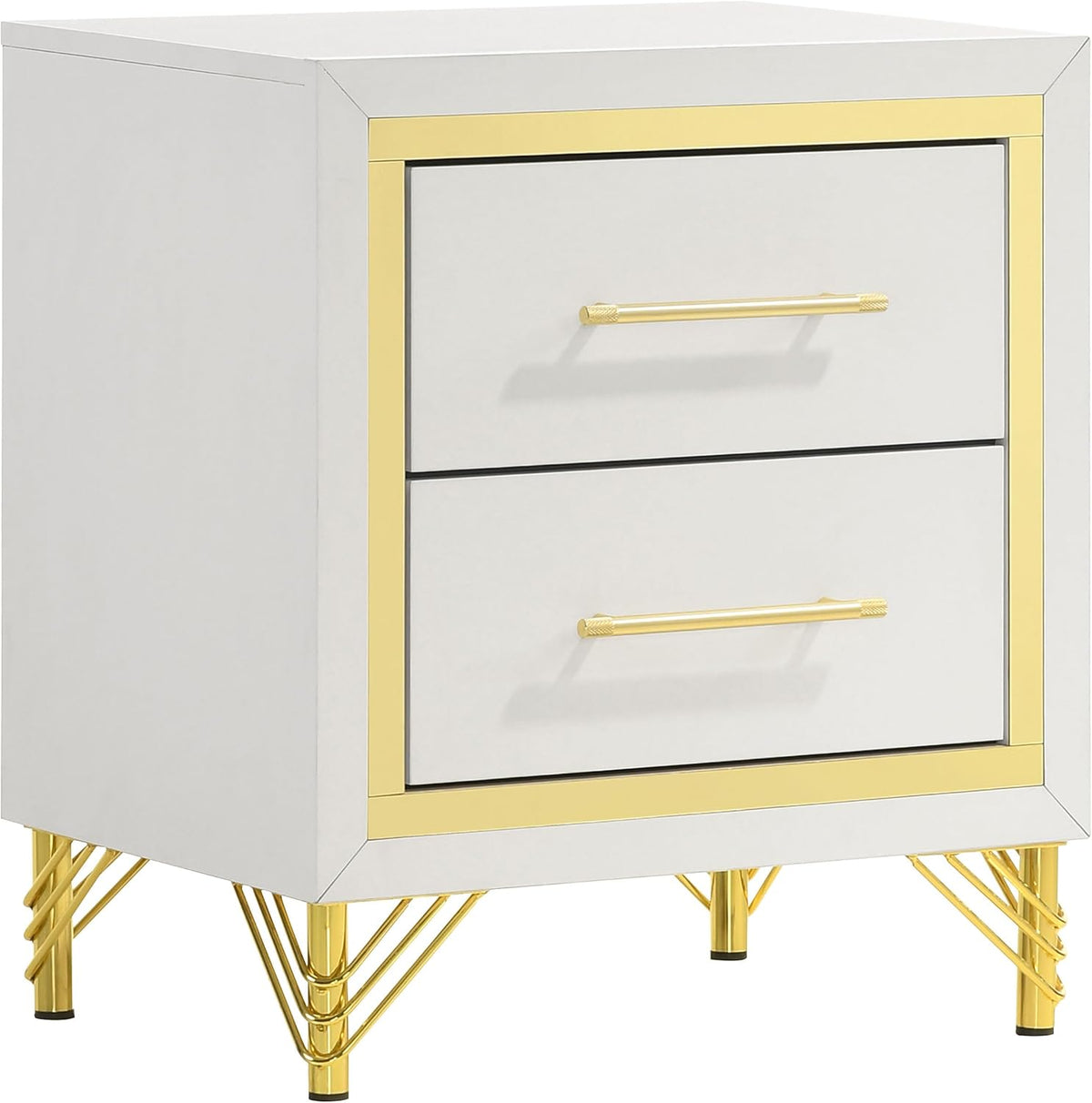 White two-drawer nightstand close-up showing gold trim, knurled bar handles and decorative gold wire legs