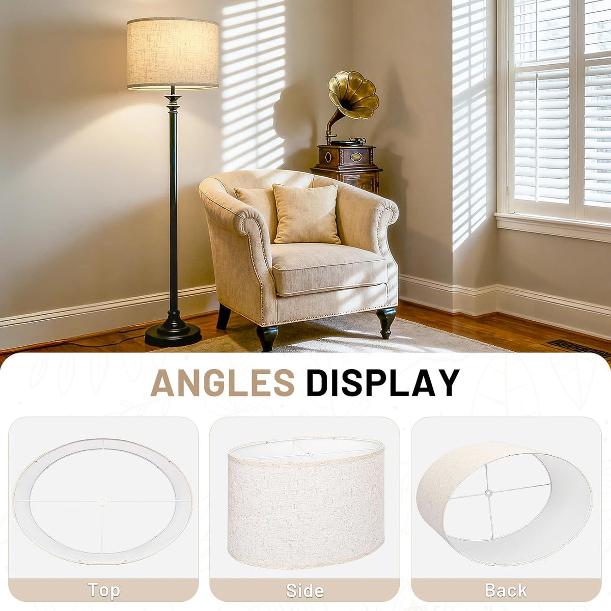 Beige oval lampshade shown on a tall floor lamp in a living room setting, side view
