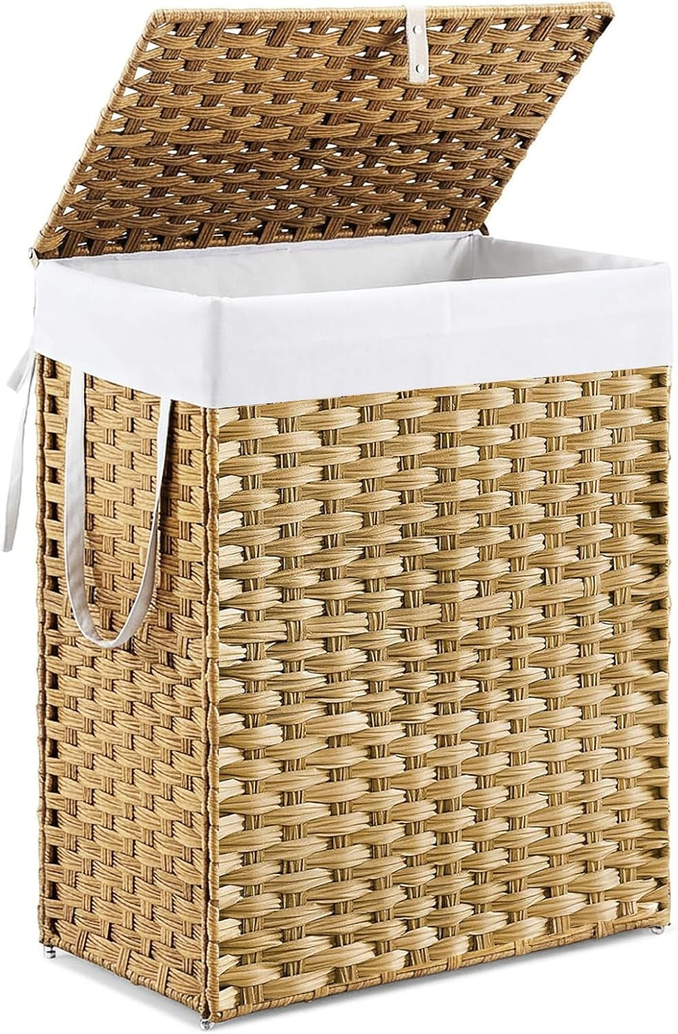 Three-quarter view of a tall tan laundry hamper with lid tilted back and a fabric carry loop hanging at the side.