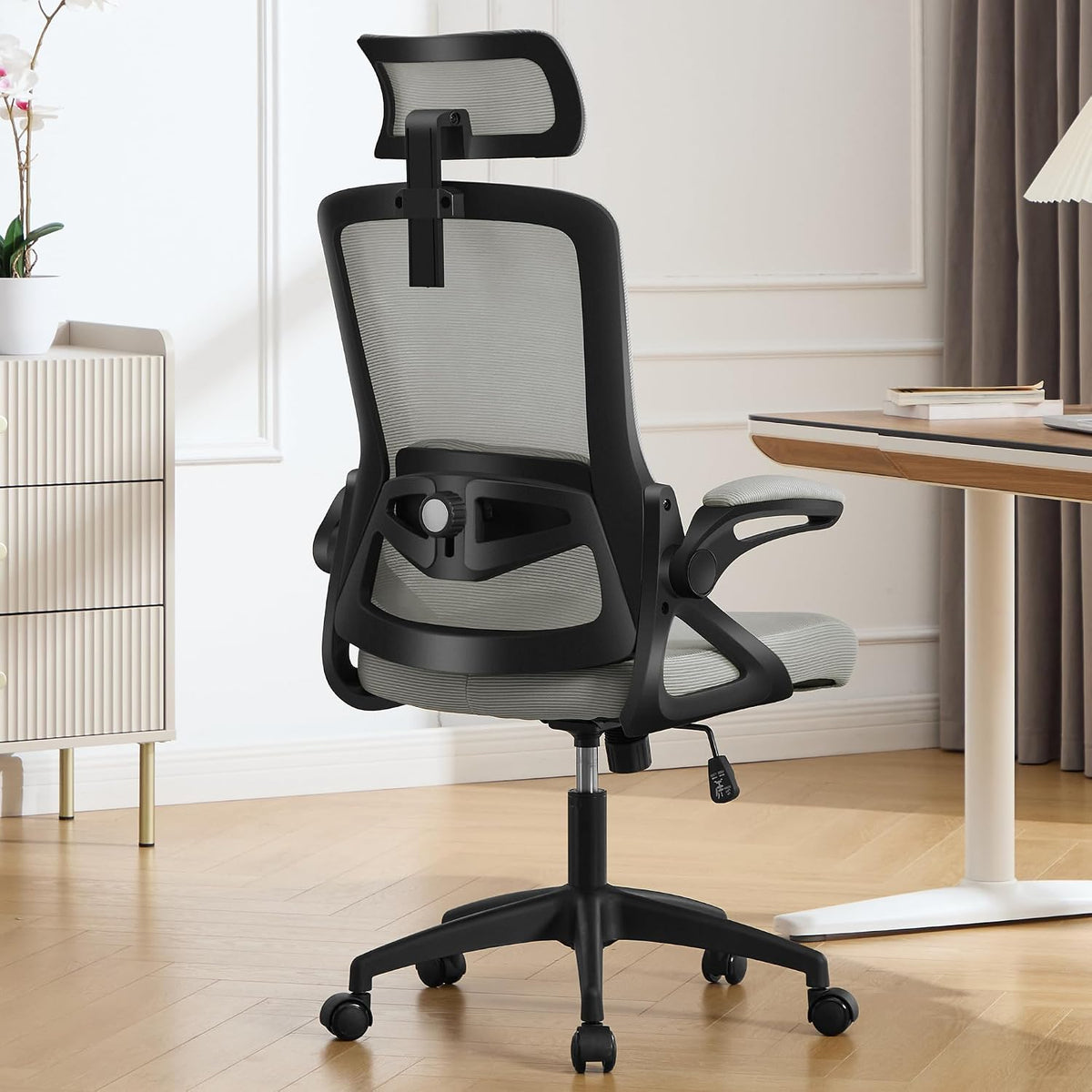 Rear view of chair with black frame and light-gray mesh back in a home office beside a desk and cabinet.
