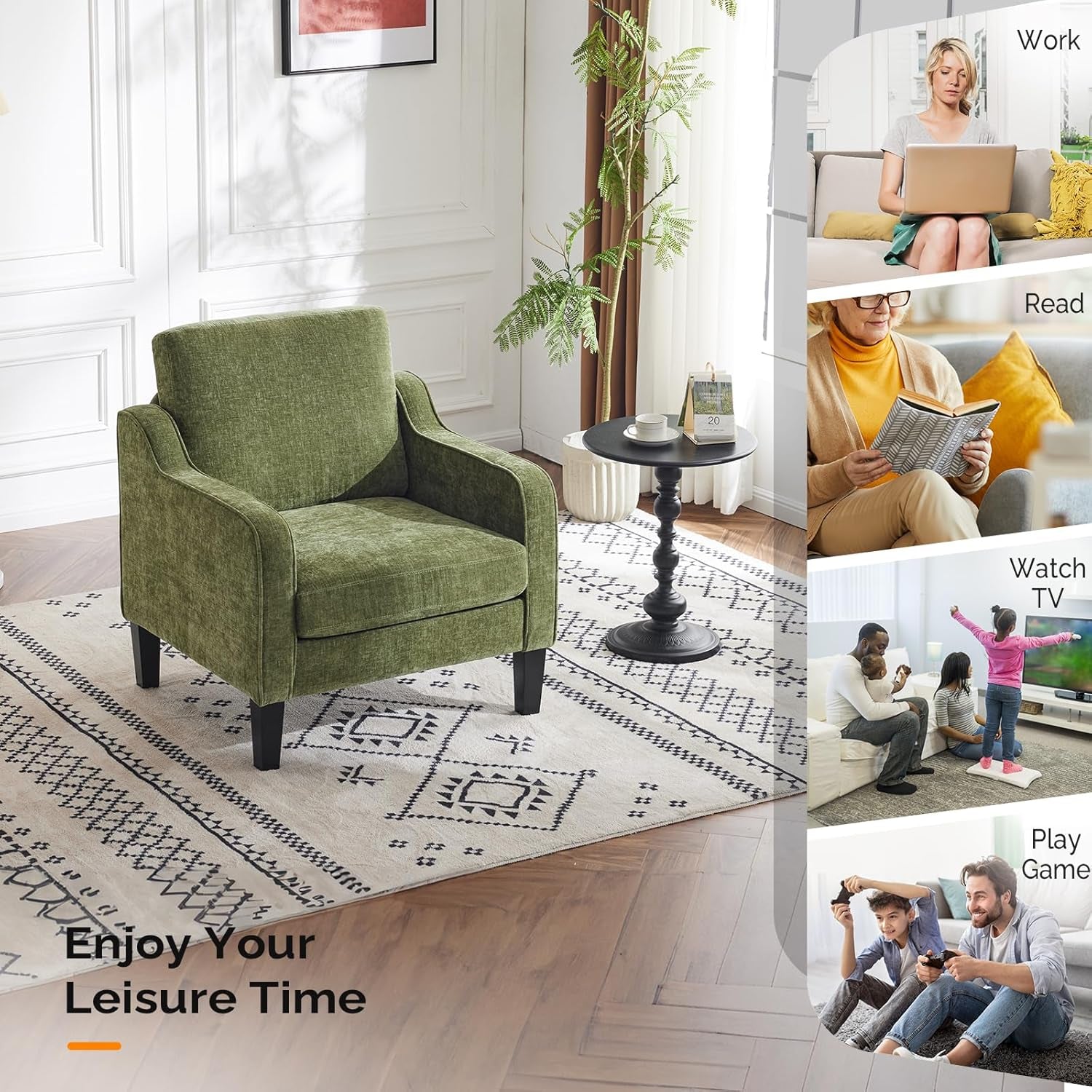 Single green upholstered accent chair in a bright living room beside a round side table.