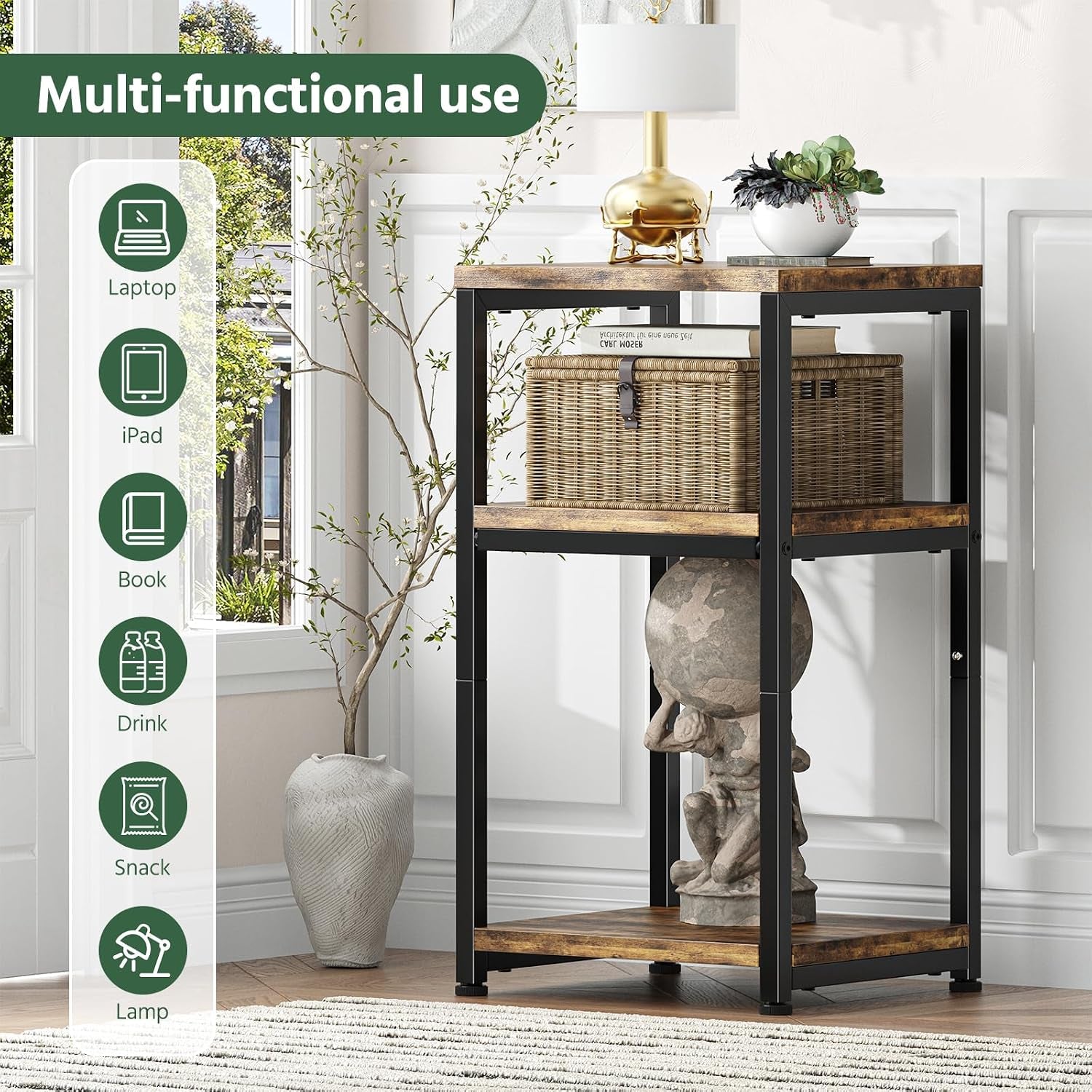 Three-tier rustic brown end table beside a window with a lamp on top and a woven basket on the middle shelf.