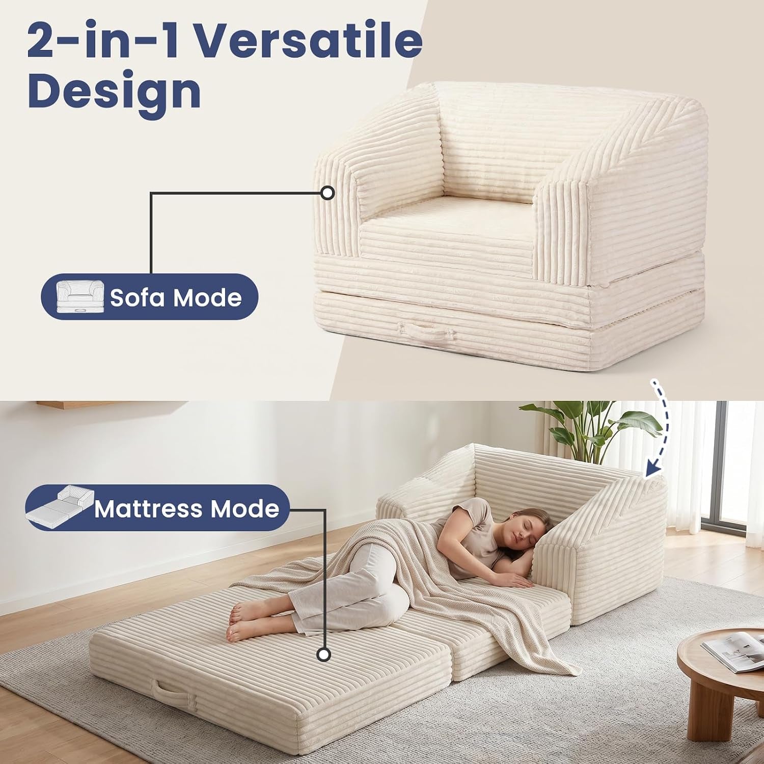 Beige sofa converted to mattress mode with a person lying on the tri-fold mattress in a living room setting
