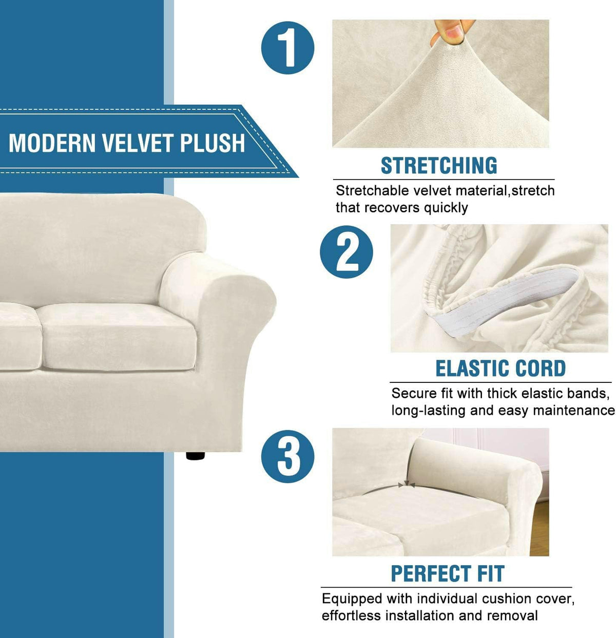 Partial sofa view with inset photos showing stretchable velvet fabric being pulled and an elastic cord detail