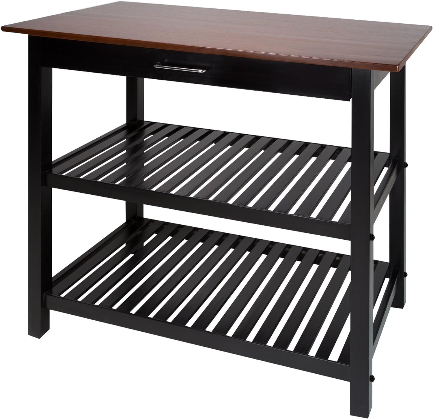 Kitchen island with natural wood top and black painted frame, two slatted shelves and drawer.