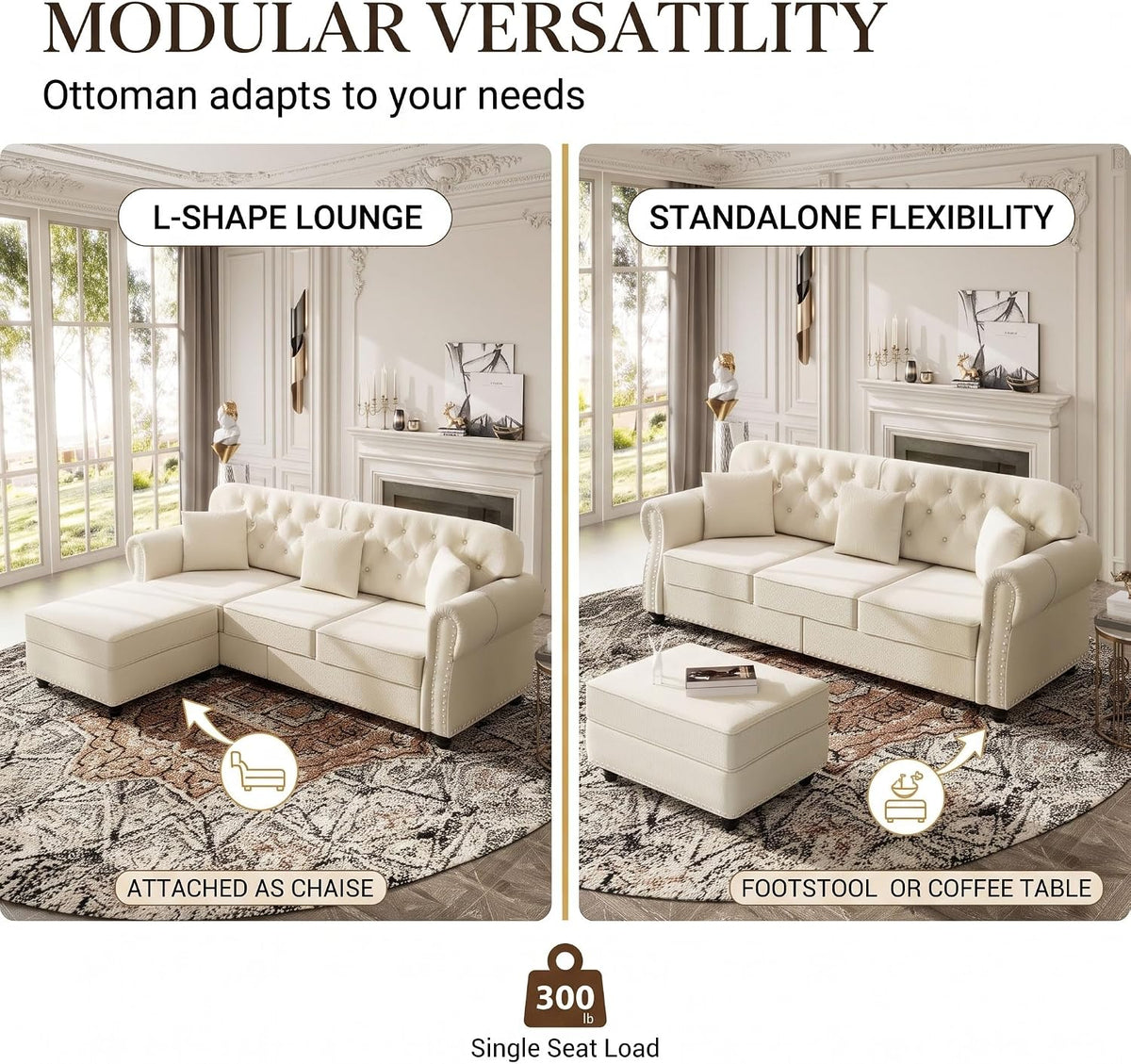 Close-up of button-tufted back, rolled arm and nailhead trim with labels highlighting upholstery and construction