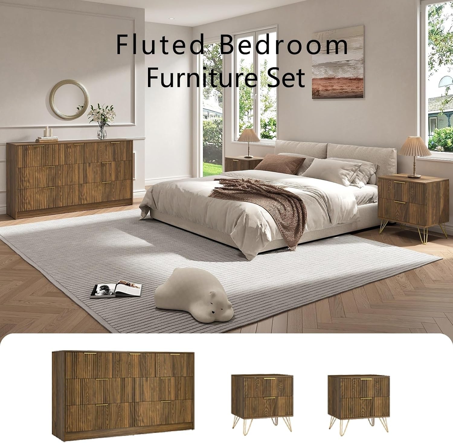 Wide bedroom view featuring the fluted dresser and two nightstands arranged around a bed on a large rug