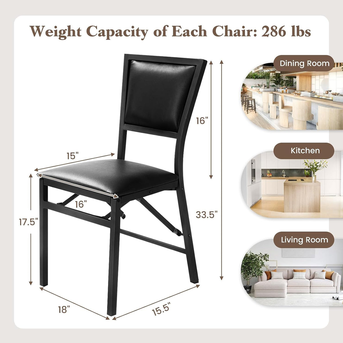Single black folding dining chair shown with an overlaid measurements graphic and room use thumbnails