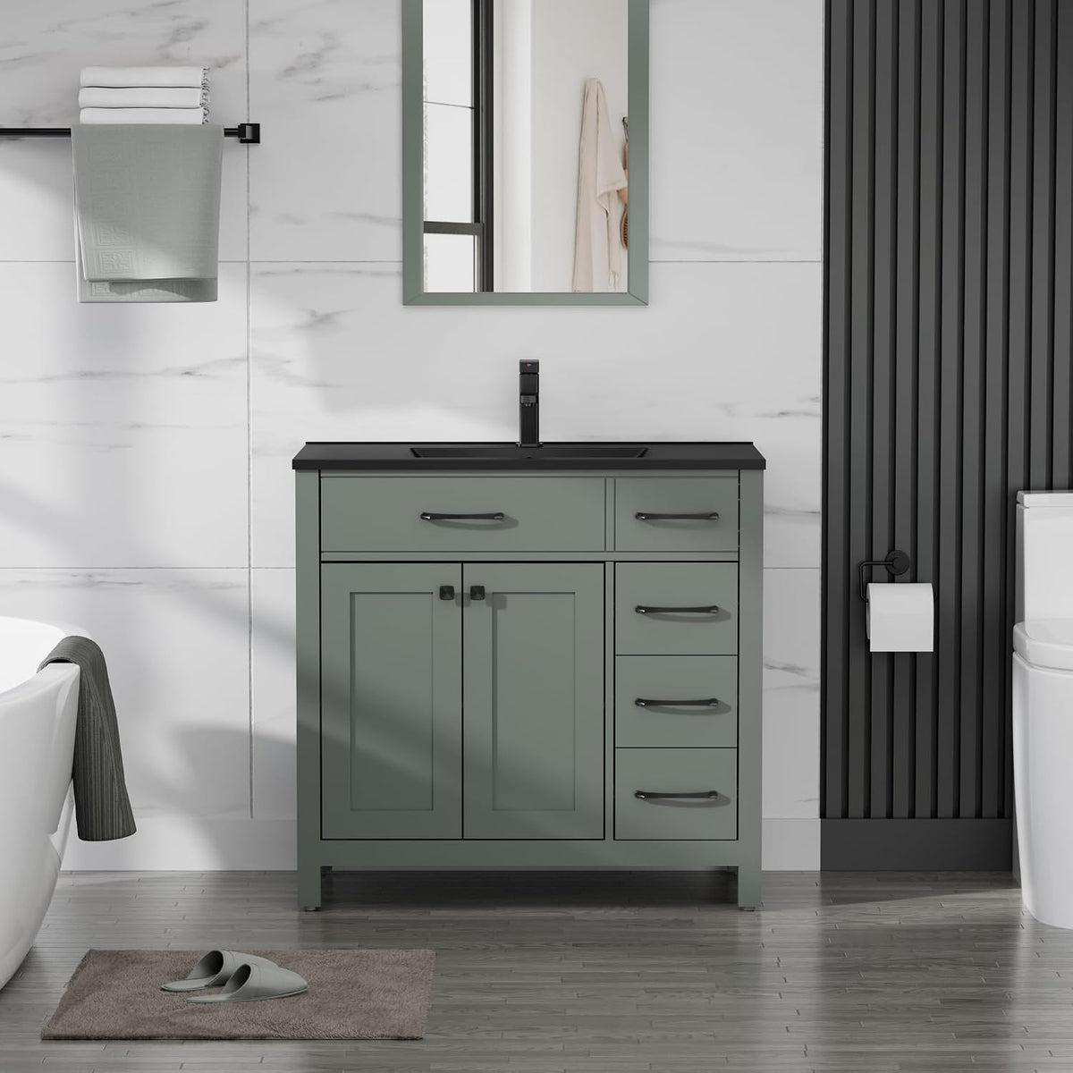 Single-sink green bathroom vanity with black countertop and mirror above in staged bathroom