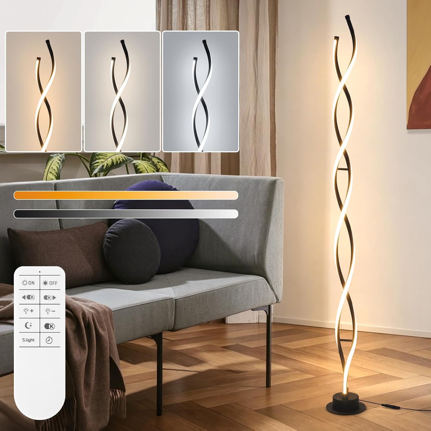 Living room corner with lit spiral floor lamp, remote control graphic and three small panels showing different light color