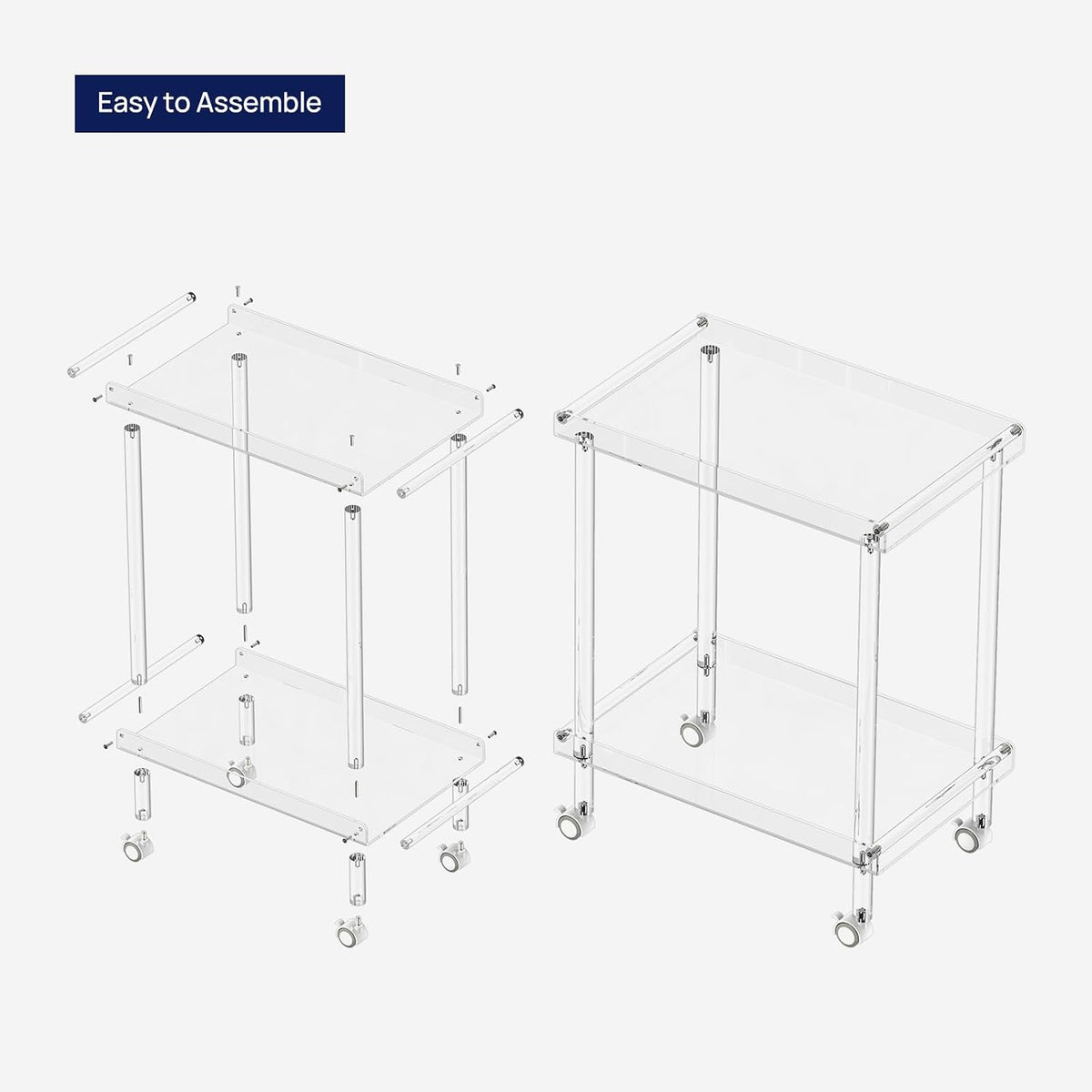 Exploded and assembled line illustrations of the clear two-tier cart showing panels, legs, and casters.