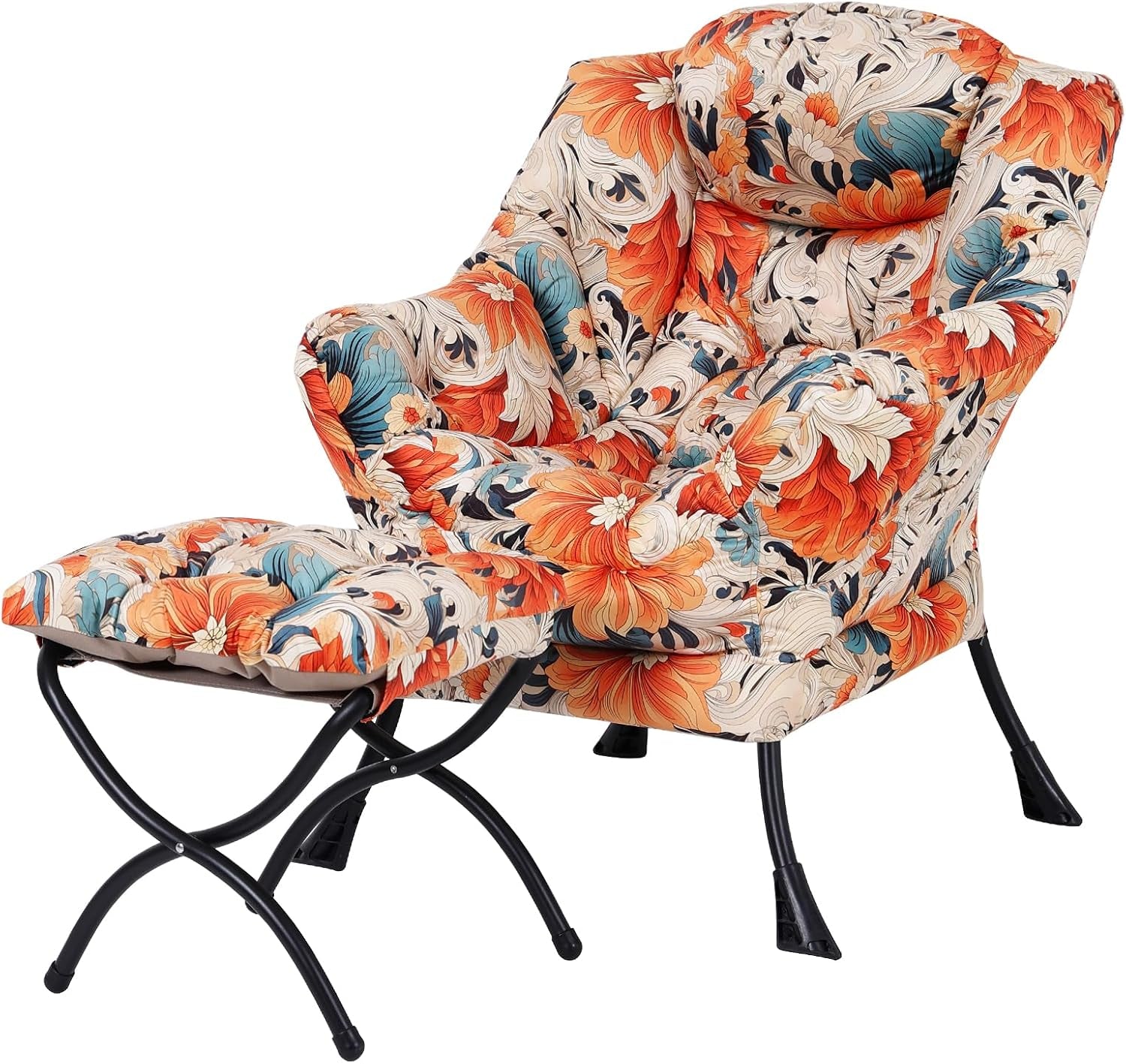 Three-quarter view of a cushioned lounge chair and matching ottoman in a large orange and teal floral fabric.