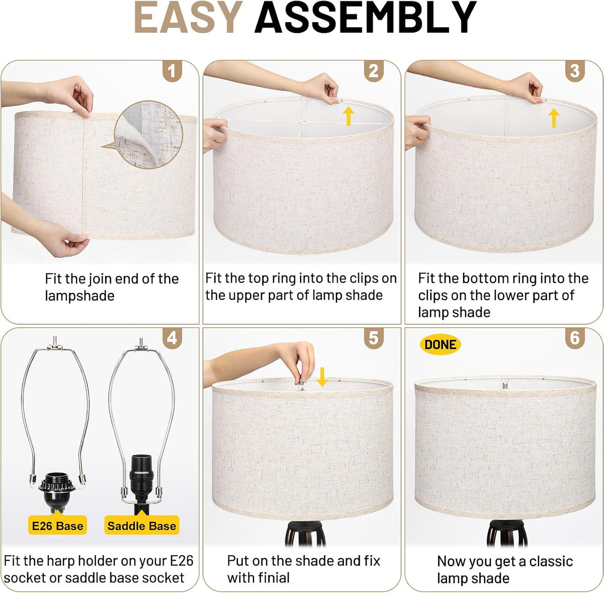 Six-panel instruction graphic with hands fitting top and bottom rings and securing a finial to a beige oval shade